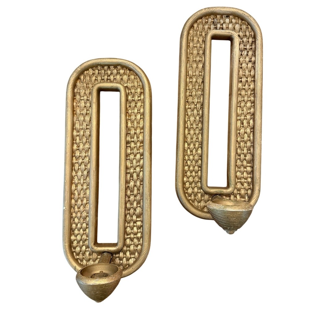 Vintage 1976 Homco Gold Faux Wicker Wall Sconce Candle Holders Set of 2 4188 USA
